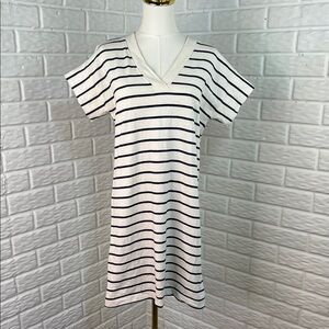 MADEWELL T SHIRT DRESS CREAM WITH NAVY BLUE STRIPES 100% COTTON V NECK SZ XS
